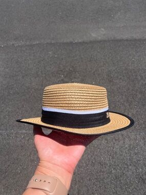 Straw Summer Hat Black Band White Trim Boho Beach Sun Fedora Style